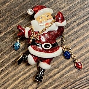 Festive Santa Claus Brooch with Colorful Glass Charm Accents Christmas Holiday